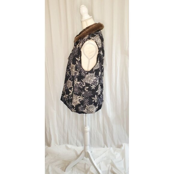 Eddie Bauer Down Vest Womens Large Navy Snowflake Print Full Zip Faux Fur Collar - Picture 9 of 16